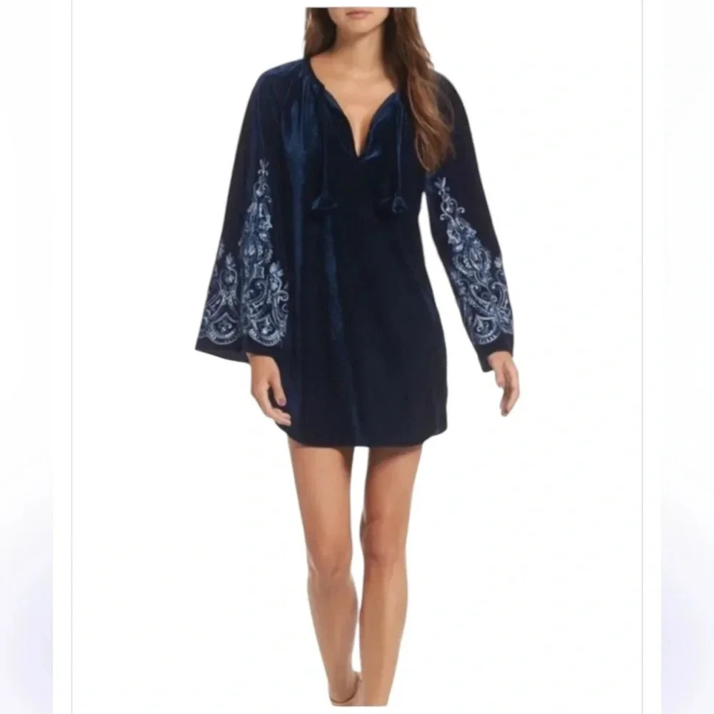 Misa Los Angeles Luca Midnight Blue Velvet Embroidered Sleeves Shift Dress Small